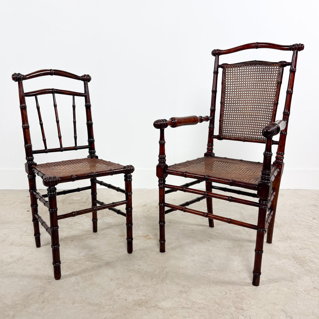 Antique Faux Bamboo Chairs with Cane Seats and Backrest