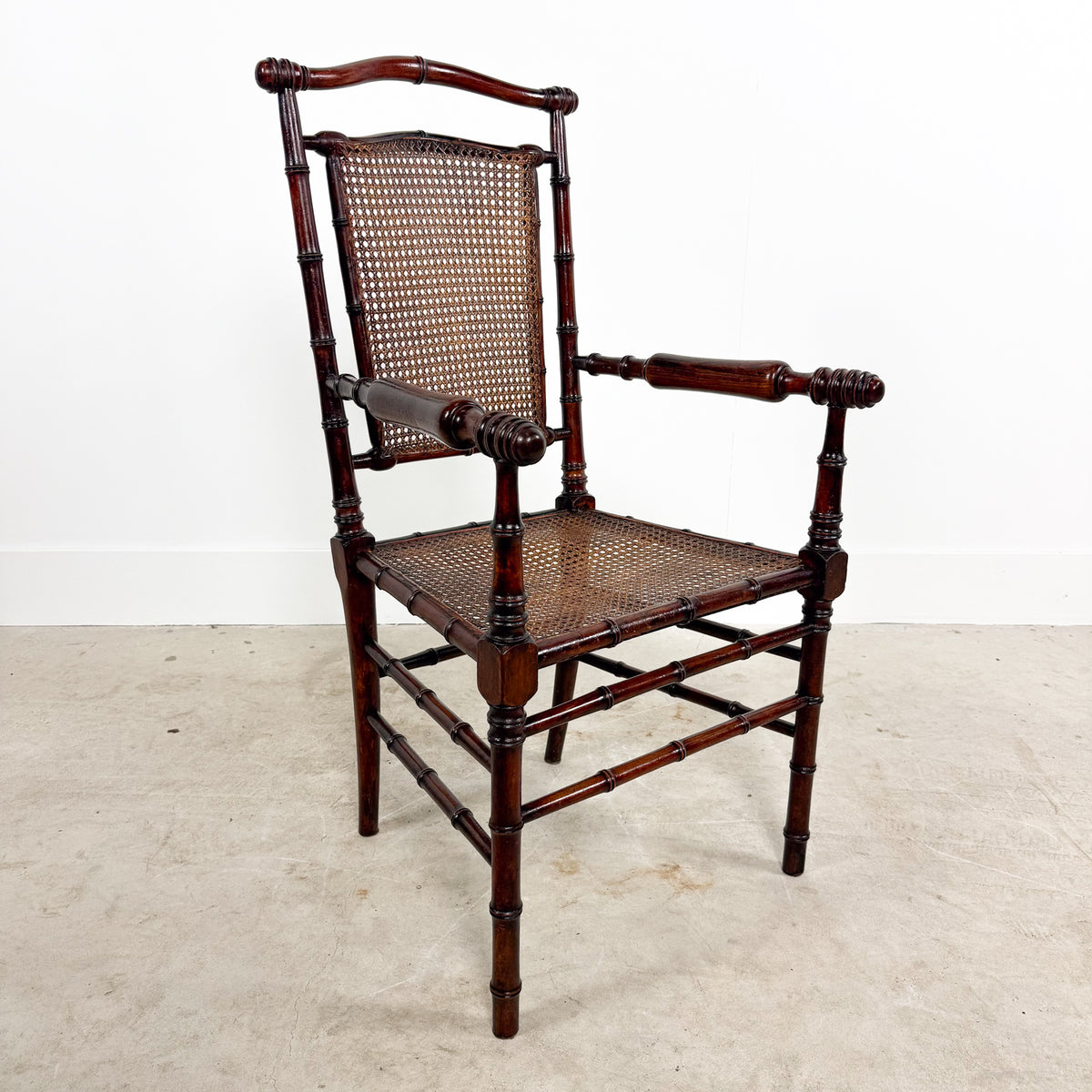 Antique Faux Bamboo Chairs with Cane Seats and Backrest