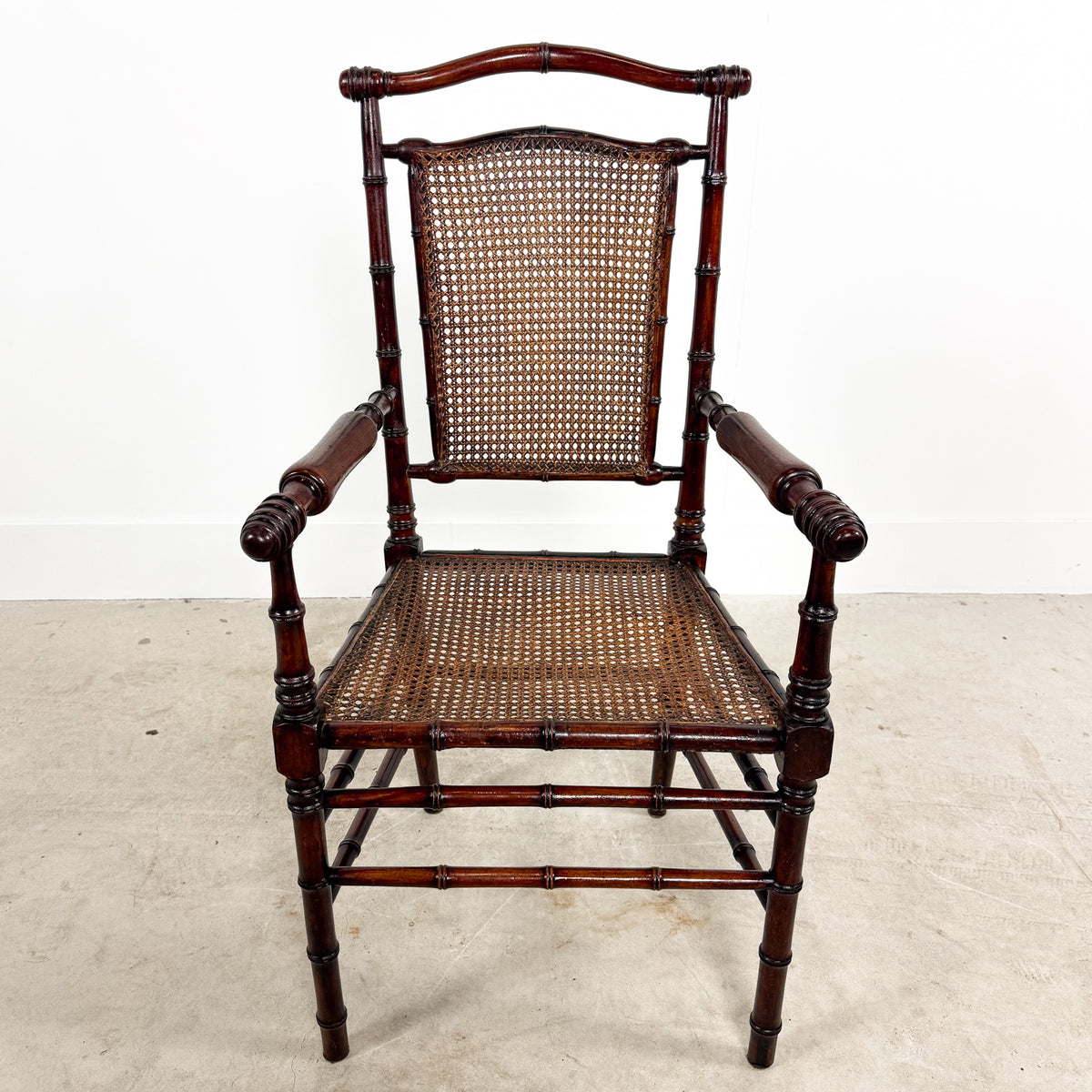 Antique Faux Bamboo Chairs with Cane Seats and Backrest