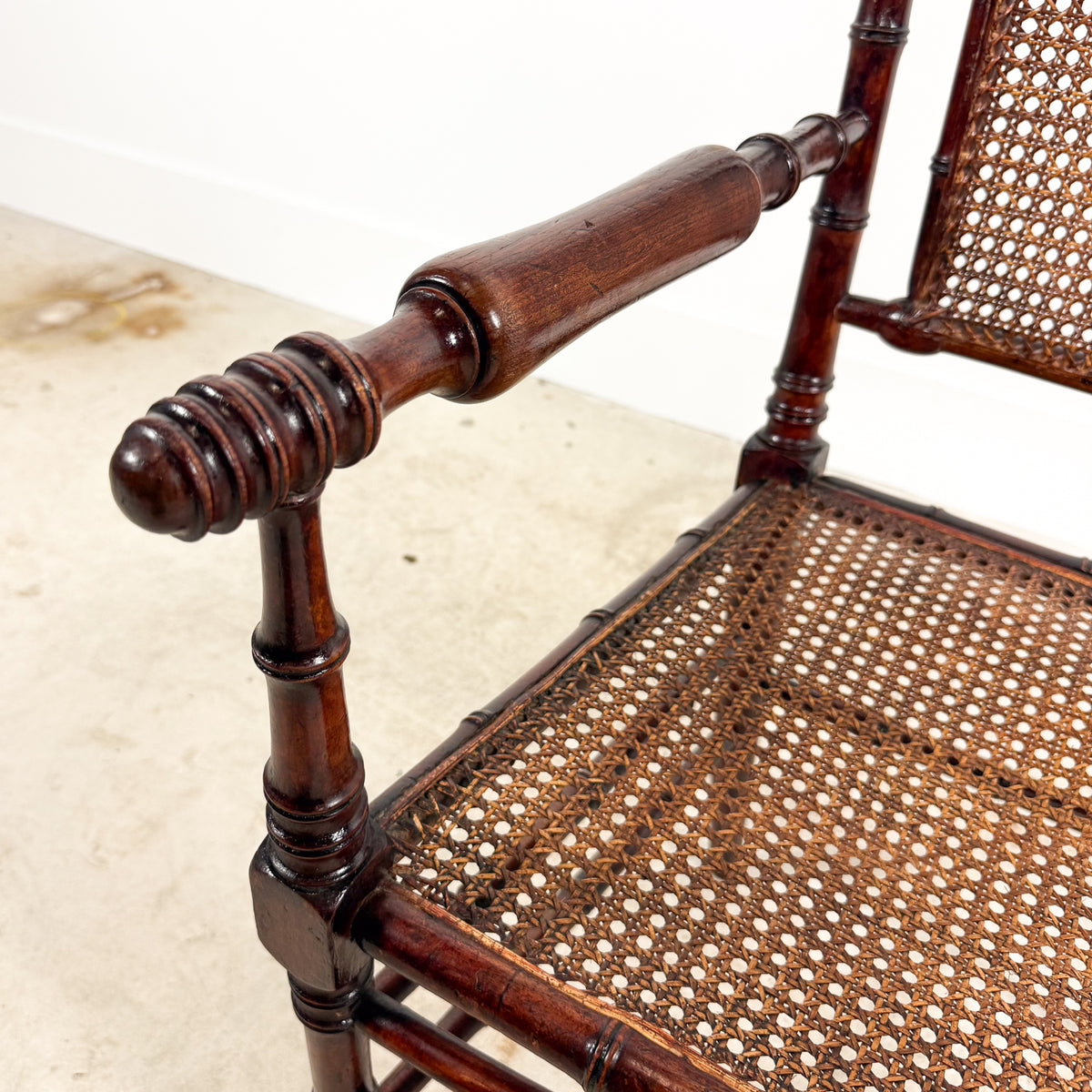 Antique Faux Bamboo Chairs with Cane Seats and Backrest