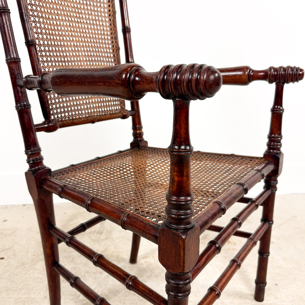 Antique Faux Bamboo Chairs with Cane Seats and Backrest