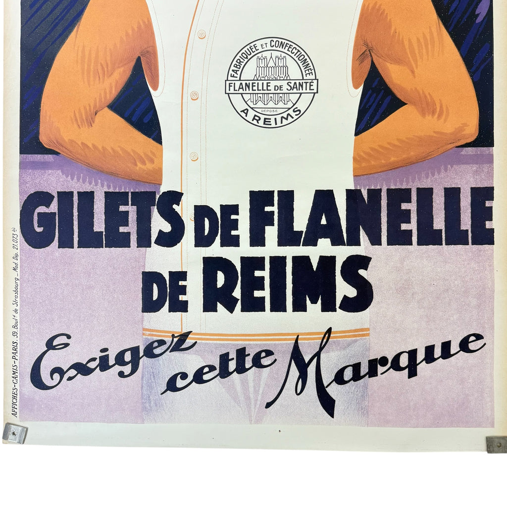 Antieke Franse reclameposter – *Gilets de Flanelle de Reims* jaren 1920.
