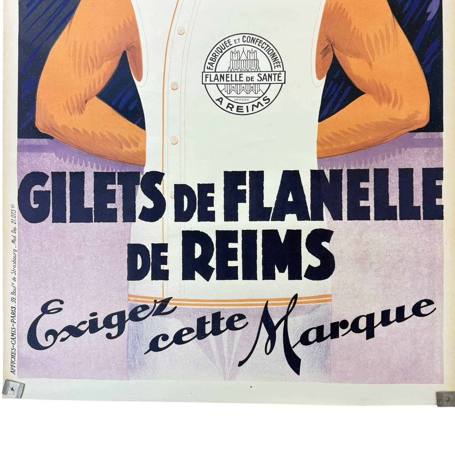 Antieke Franse reclameposter – *Gilets de Flanelle de Reims* jaren 1920.
