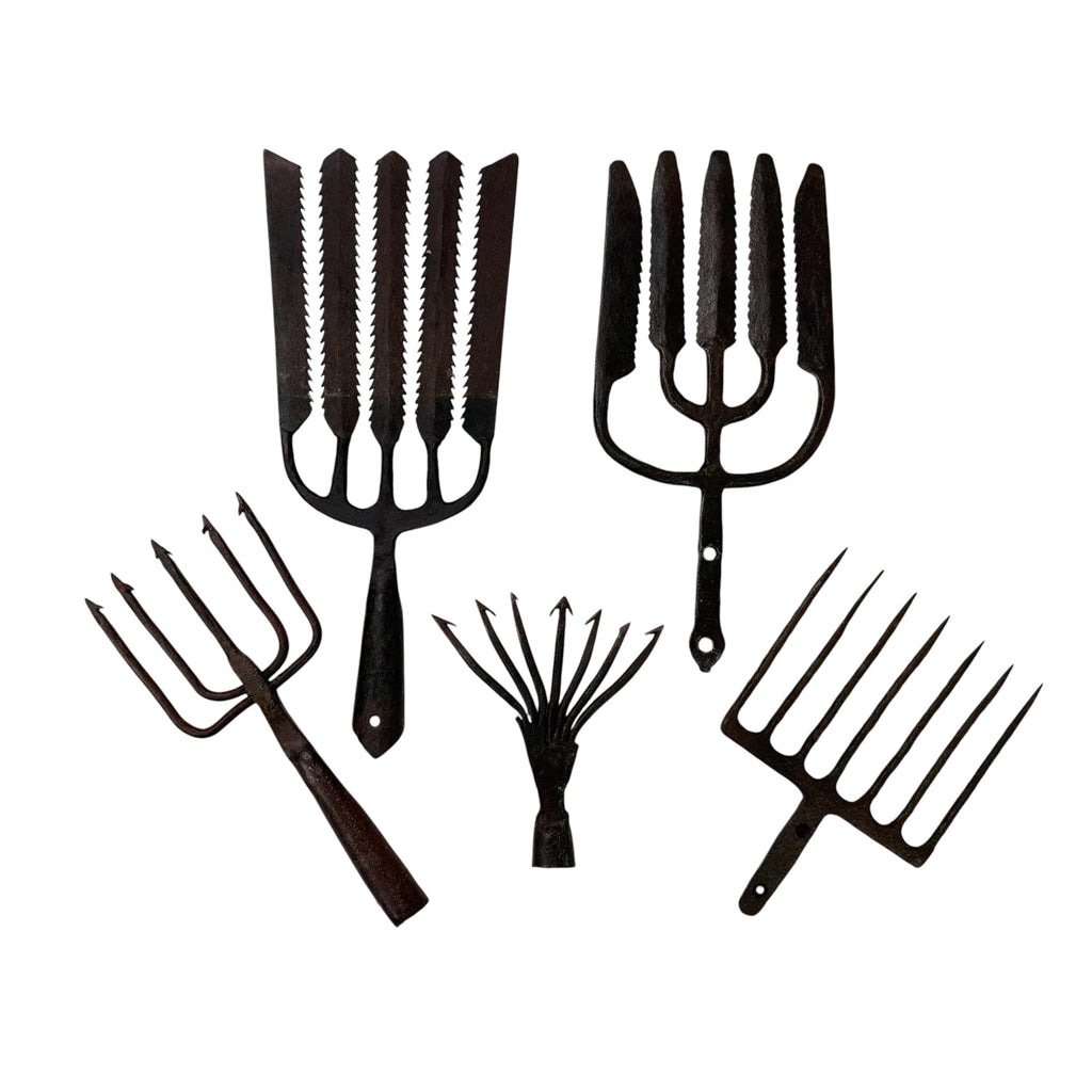Set of 5 antique eel fishing spears wrought iron