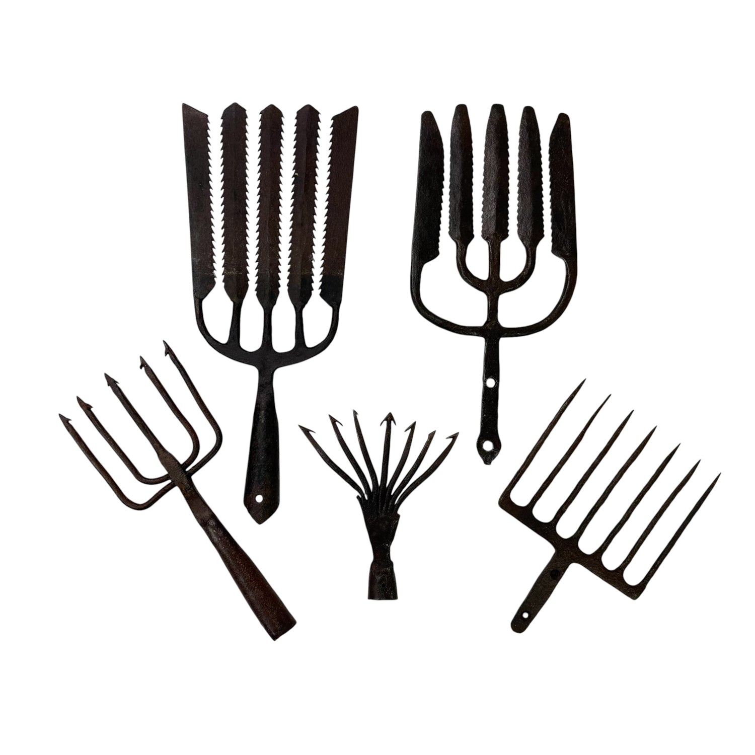 Set of 5 antique eel fishing spears wrought iron