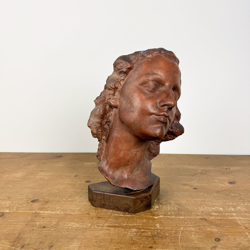 Vintage Terracotta Female Sculpture Bust on Wooden Base