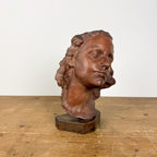Vintage Terracotta Female Sculpture Bust on Wooden Base