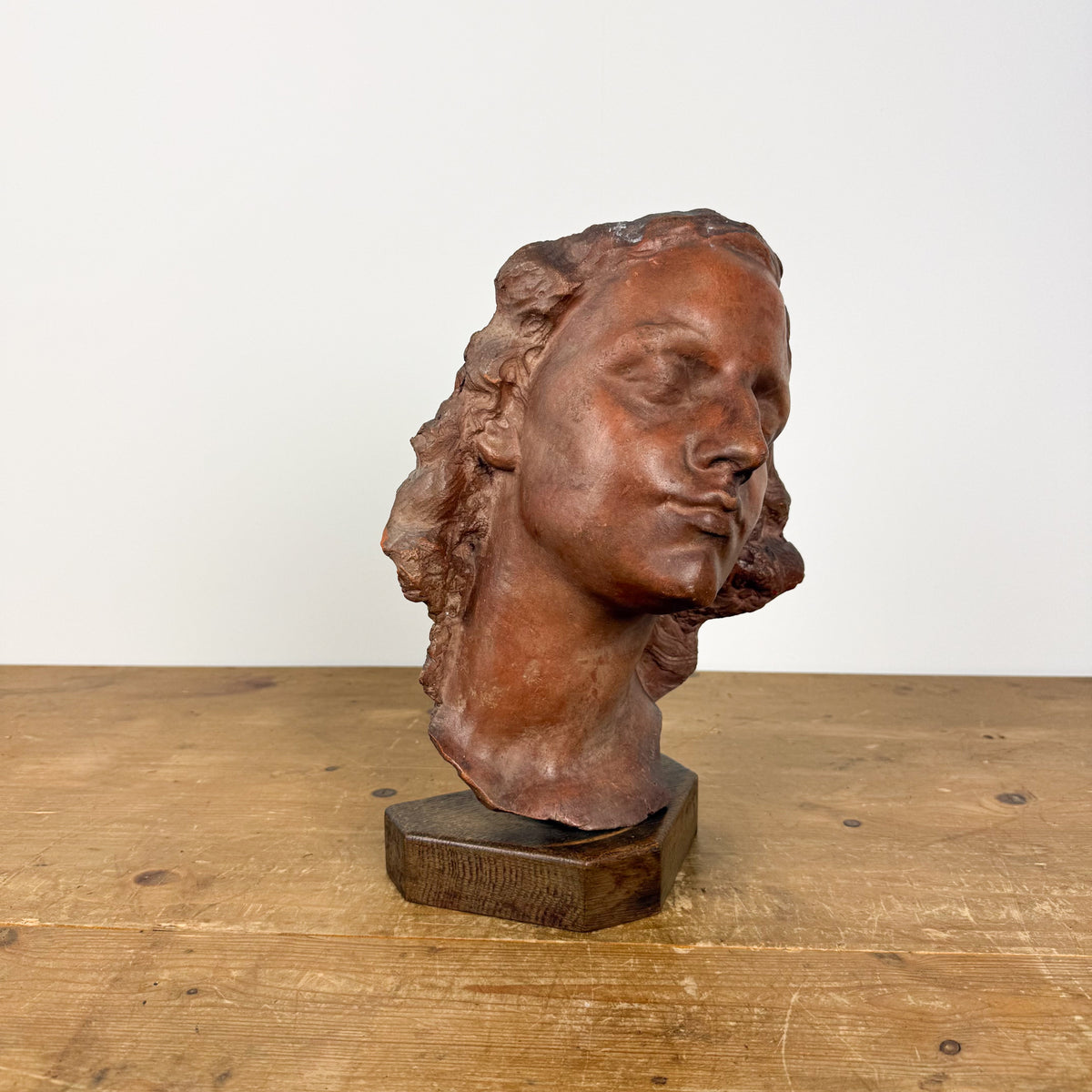 Vintage Terracotta Female Sculpture Bust on Wooden Base