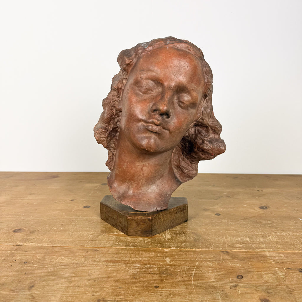 Vintage Terracotta Female Sculpture Bust on Wooden Base