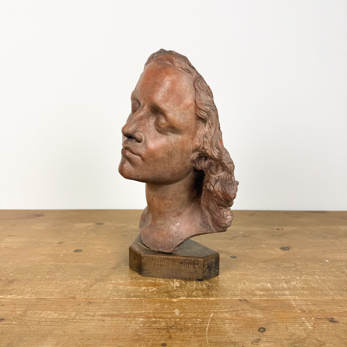 Vintage Terracotta Female Sculpture Bust on Wooden Base