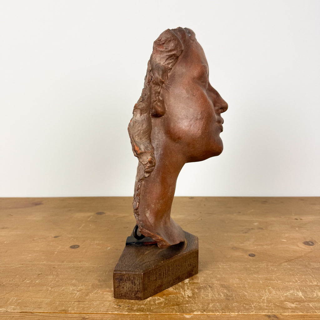 Vintage Terracotta Female Sculpture Bust on Wooden Base