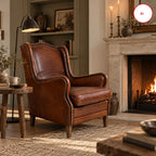 Vintage Brown Sheepskin Leather Wingback Armchair with Nailhead Trim