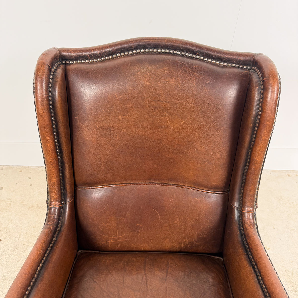 Vintage Brown Sheepskin Leather Wingback Armchair with Nailhead Trim