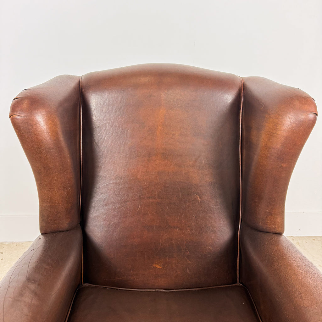 Vintage Brown Leather Wingback Armchair with Aged Patina