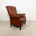 Vintage Cognac Brown Leather Armchair with Black Piping