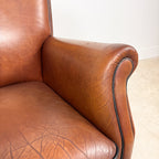 Vintage Cognac Brown Leather Armchair with Black Piping