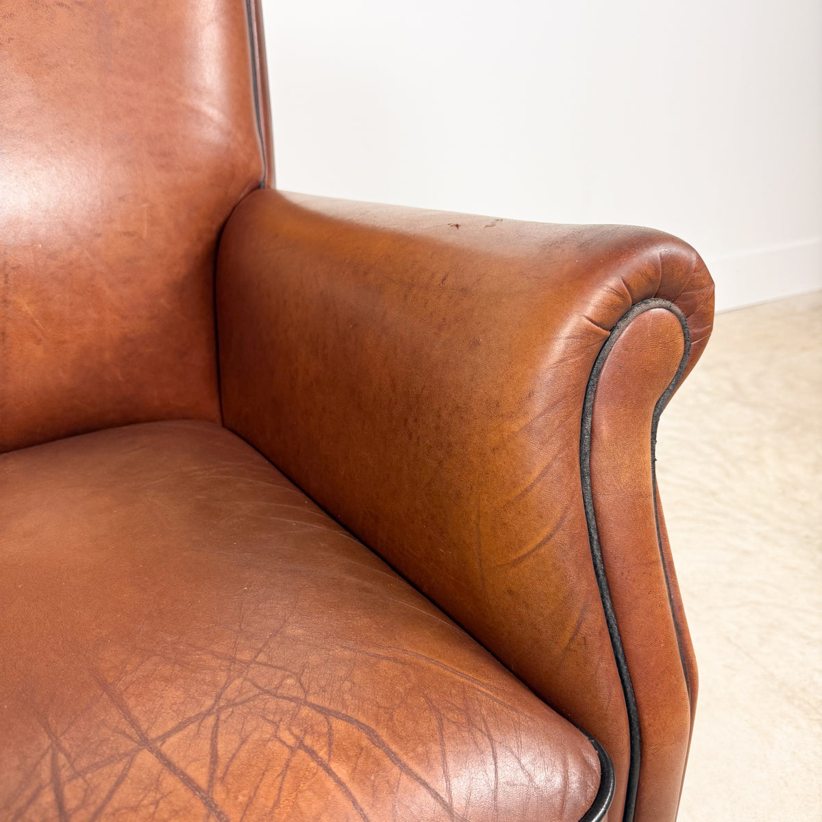 Vintage Cognac Brown Leather Armchair with Black Piping