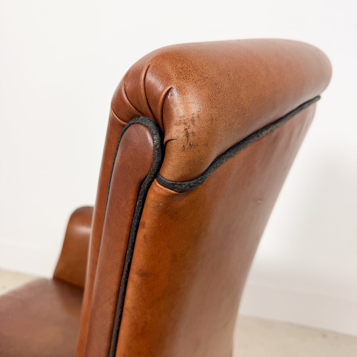 Vintage Cognac Brown Leather Armchair with Black Piping