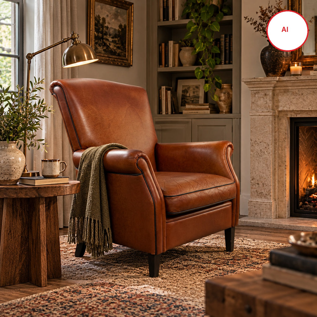 Vintage Cognac Brown Leather Armchair with Black Piping