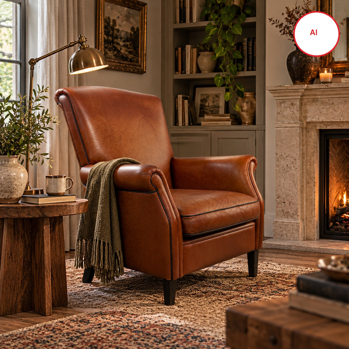 Vintage Cognac Brown Leather Armchair with Black Piping