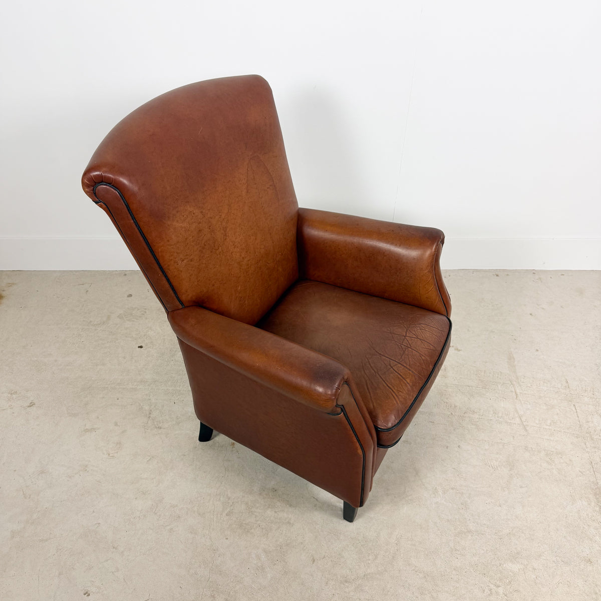 Vintage Cognac Brown Leather Armchair with Black Piping