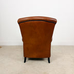 Vintage Cognac Brown Leather Armchair with Black Piping