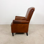 Vintage Cognac Brown Leather Armchair with Black Piping