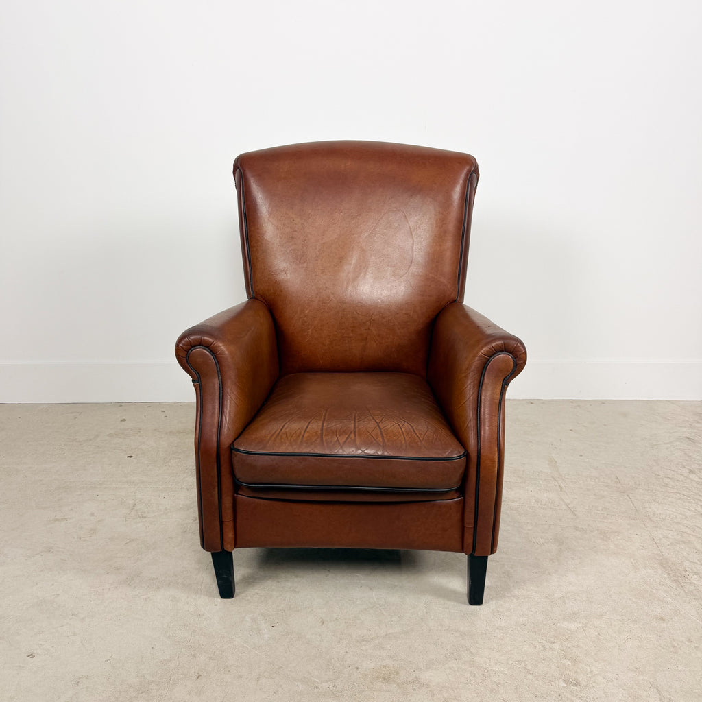 Vintage Cognac Brown Leather Armchair with Black Piping