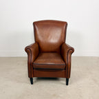Vintage Cognac Brown Leather Armchair with Black Piping