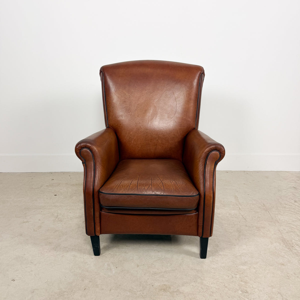 Vintage Cognac Brown Leather Armchair with Black Piping