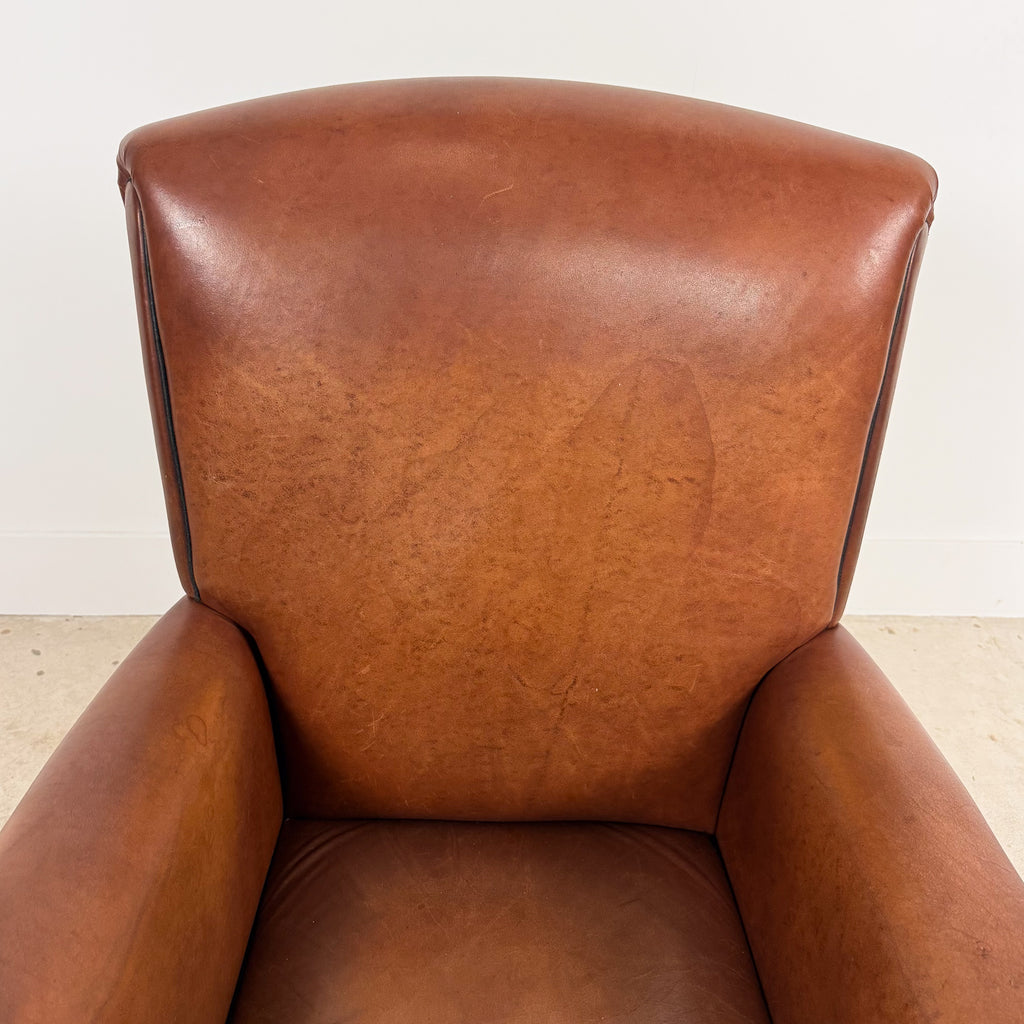 Vintage Cognac Brown Leather Armchair with Black Piping