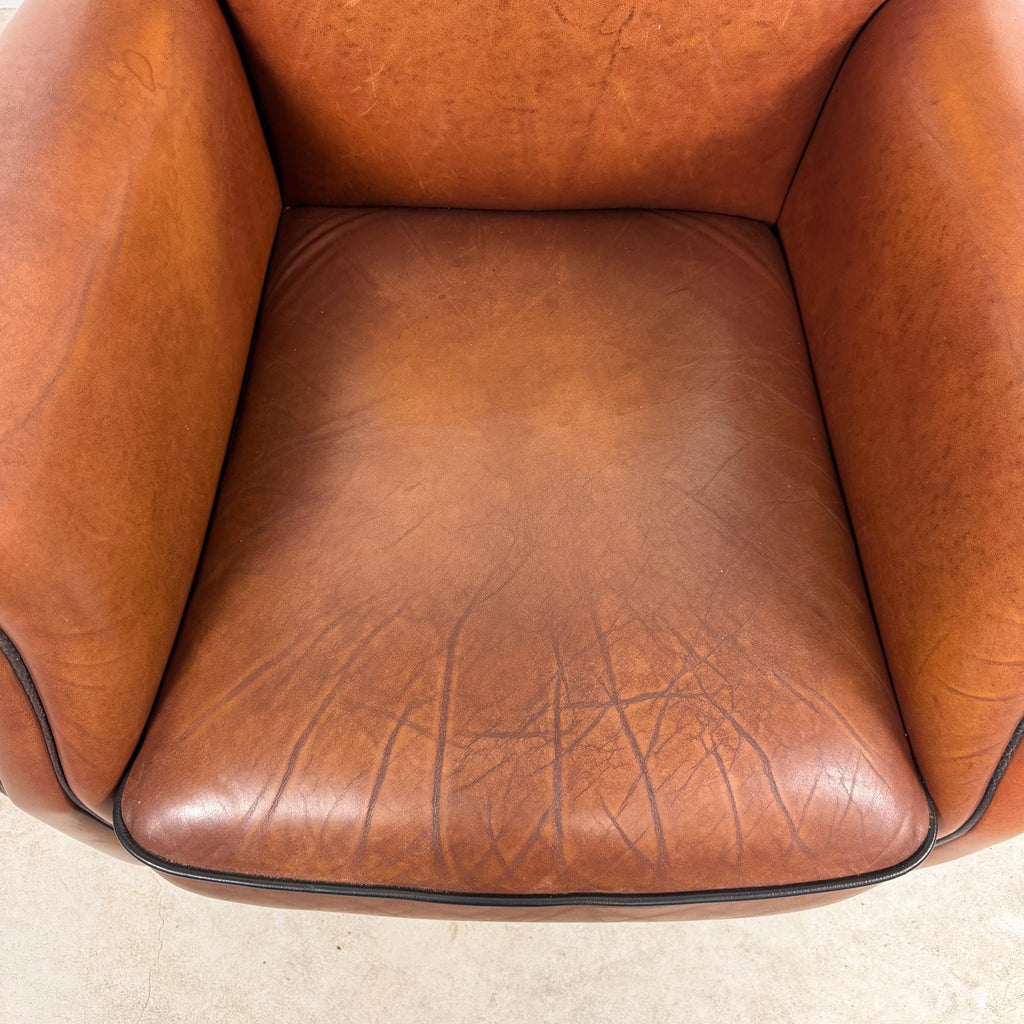 Vintage Cognac Brown Leather Armchair with Black Piping