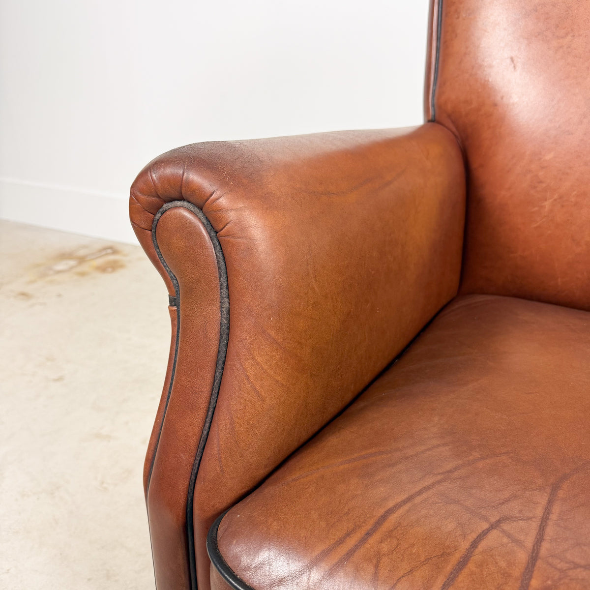 Vintage Cognac Brown Leather Armchair with Black Piping