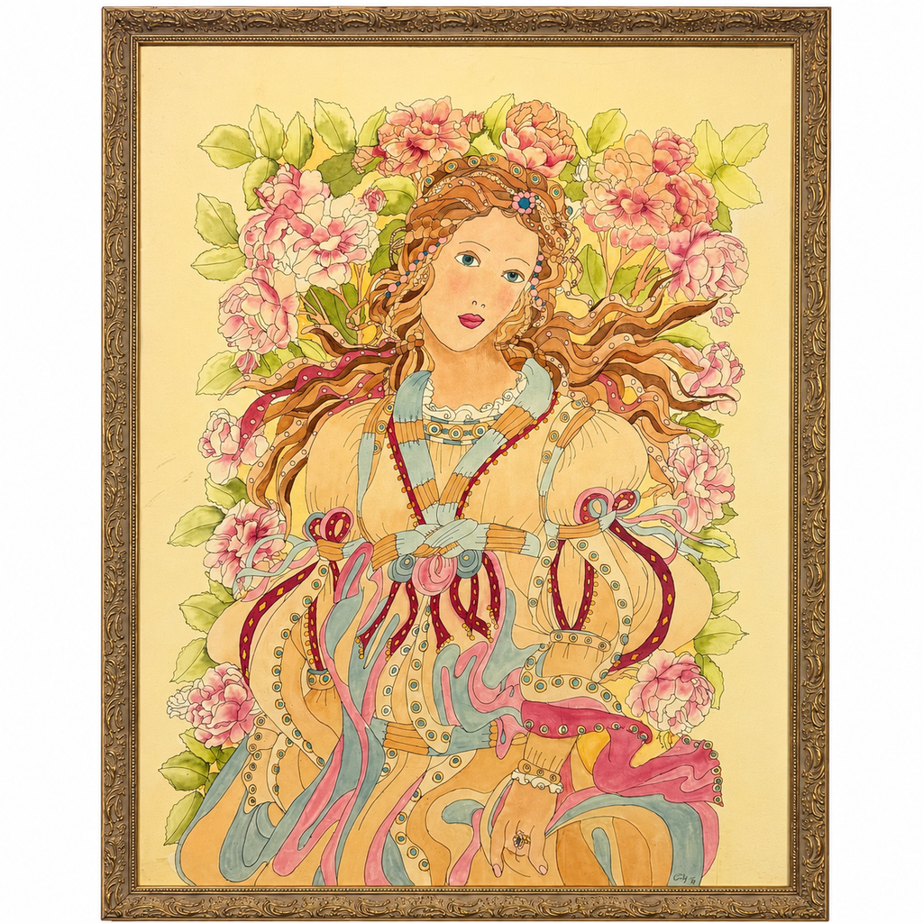 Zijden schilderij in art-nouveaustijl van een vrouw met bloemen