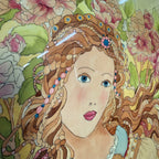 Zijden schilderij in art-nouveaustijl van een vrouw met bloemen