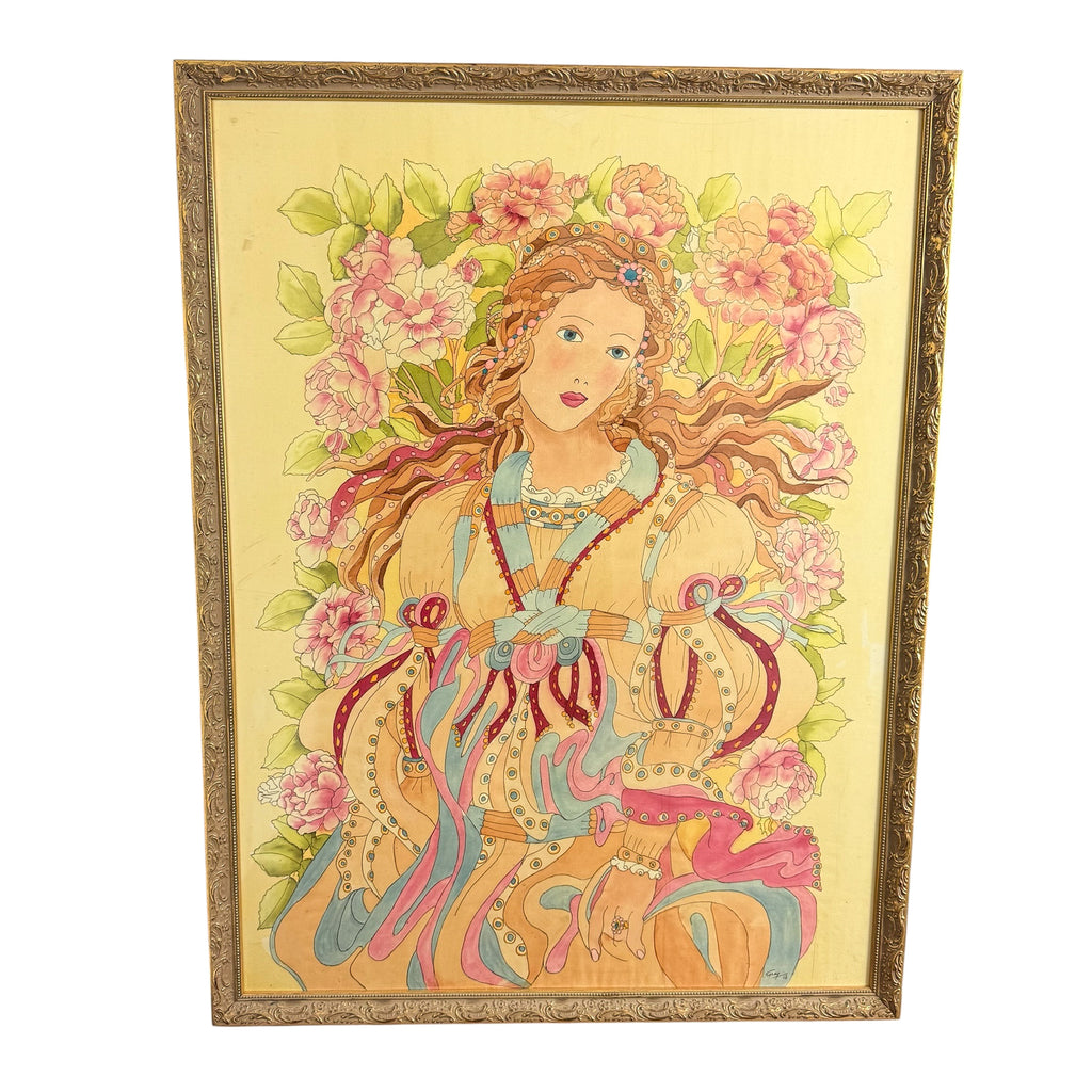 Zijden schilderij in art-nouveaustijl van een vrouw met bloemen