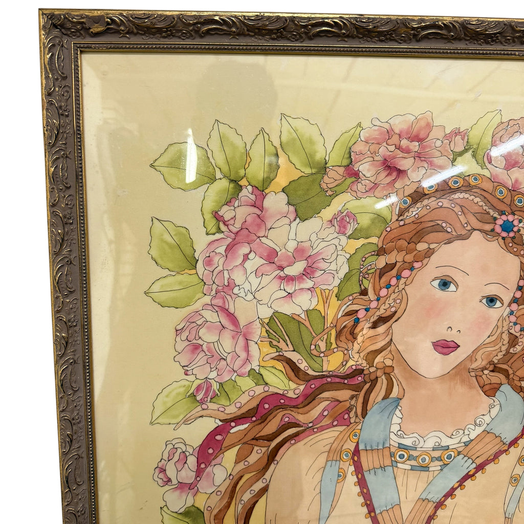 Zijden schilderij in art-nouveaustijl van een vrouw met bloemen