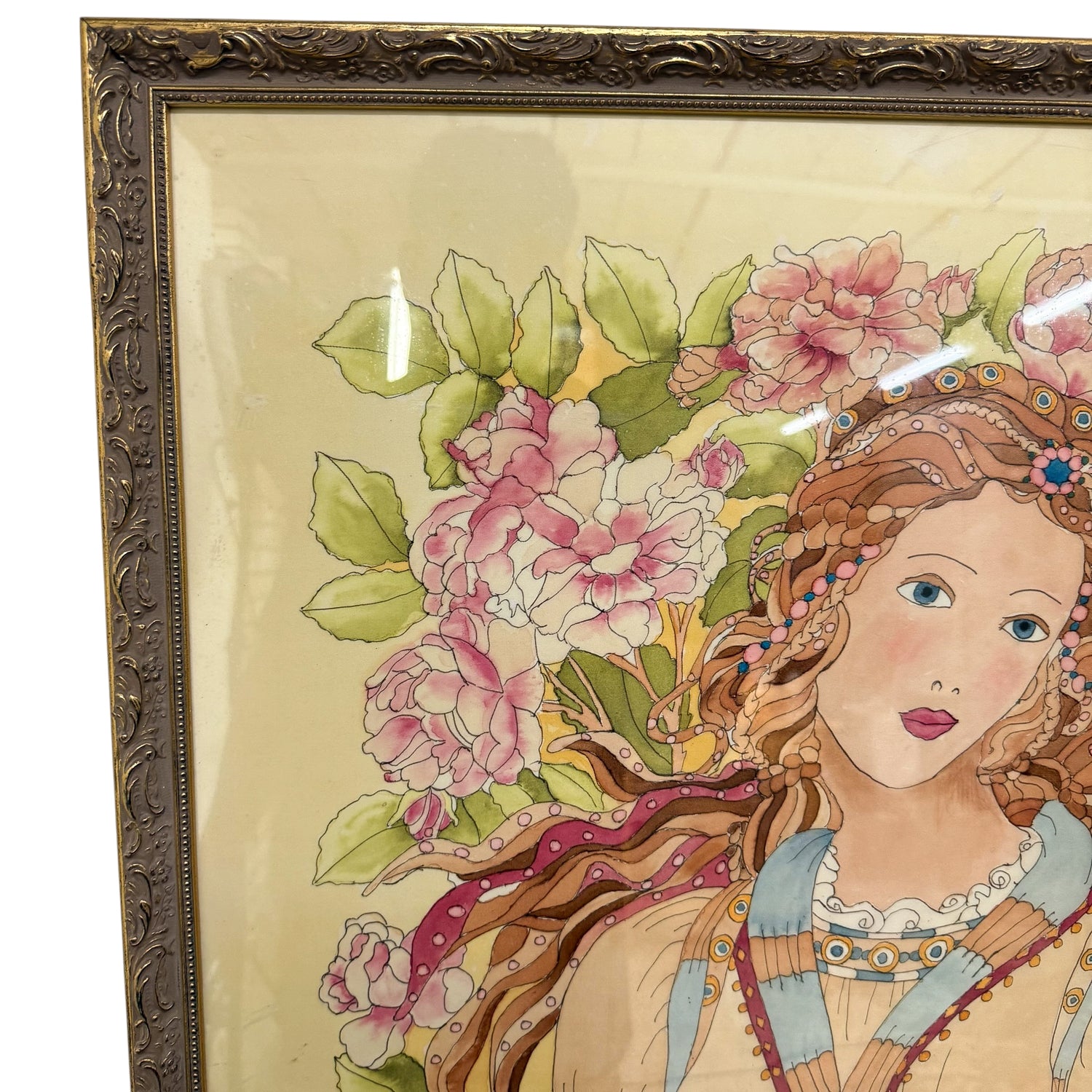 Zijden schilderij in art-nouveaustijl van een vrouw met bloemen