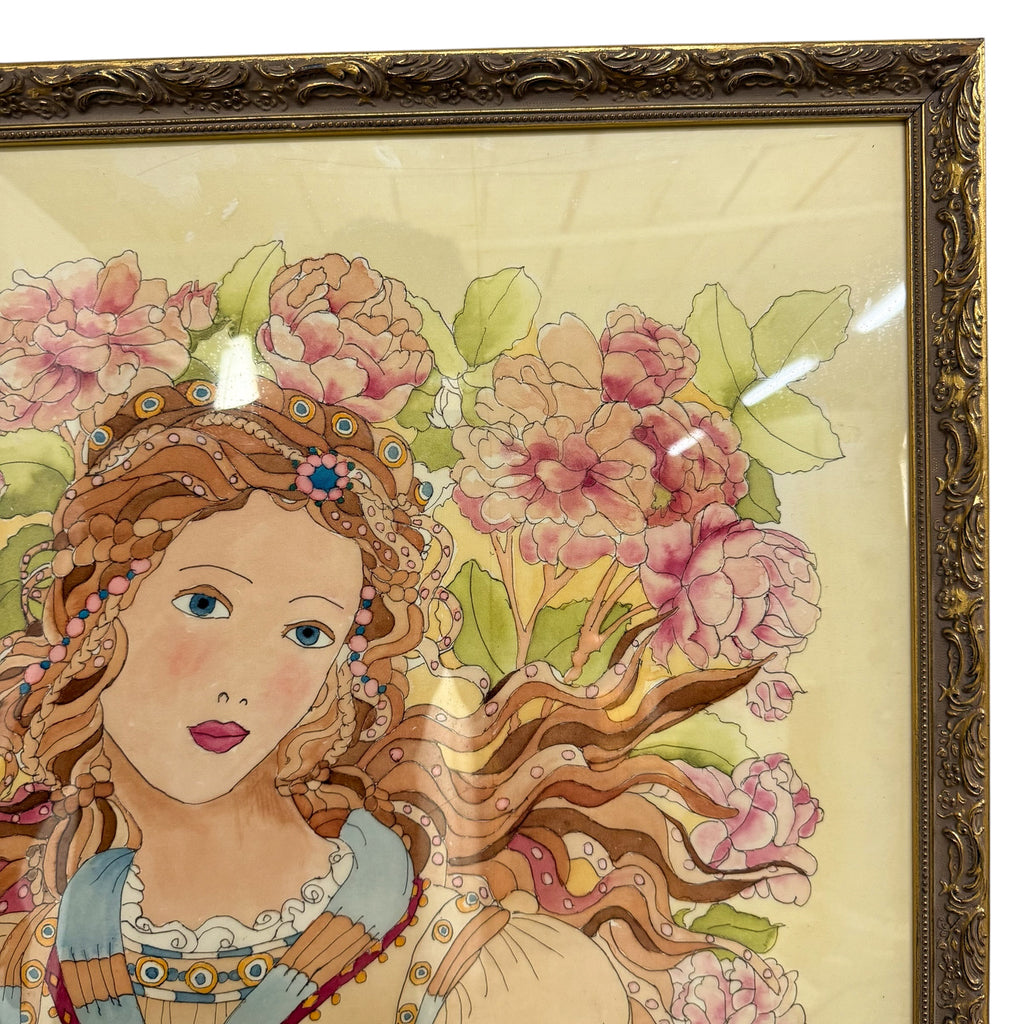 Zijden schilderij in art-nouveaustijl van een vrouw met bloemen