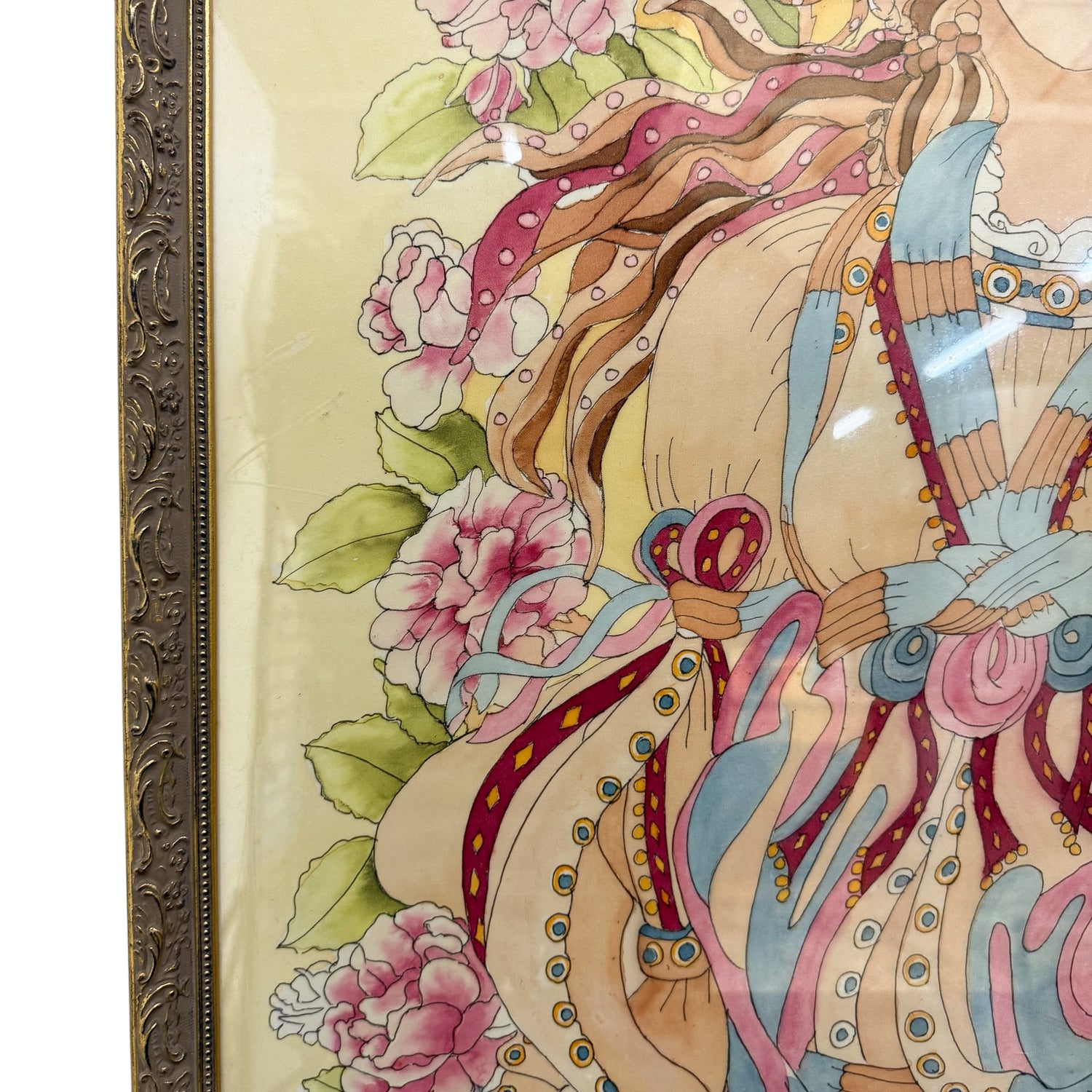 Zijden schilderij in art-nouveaustijl van een vrouw met bloemen