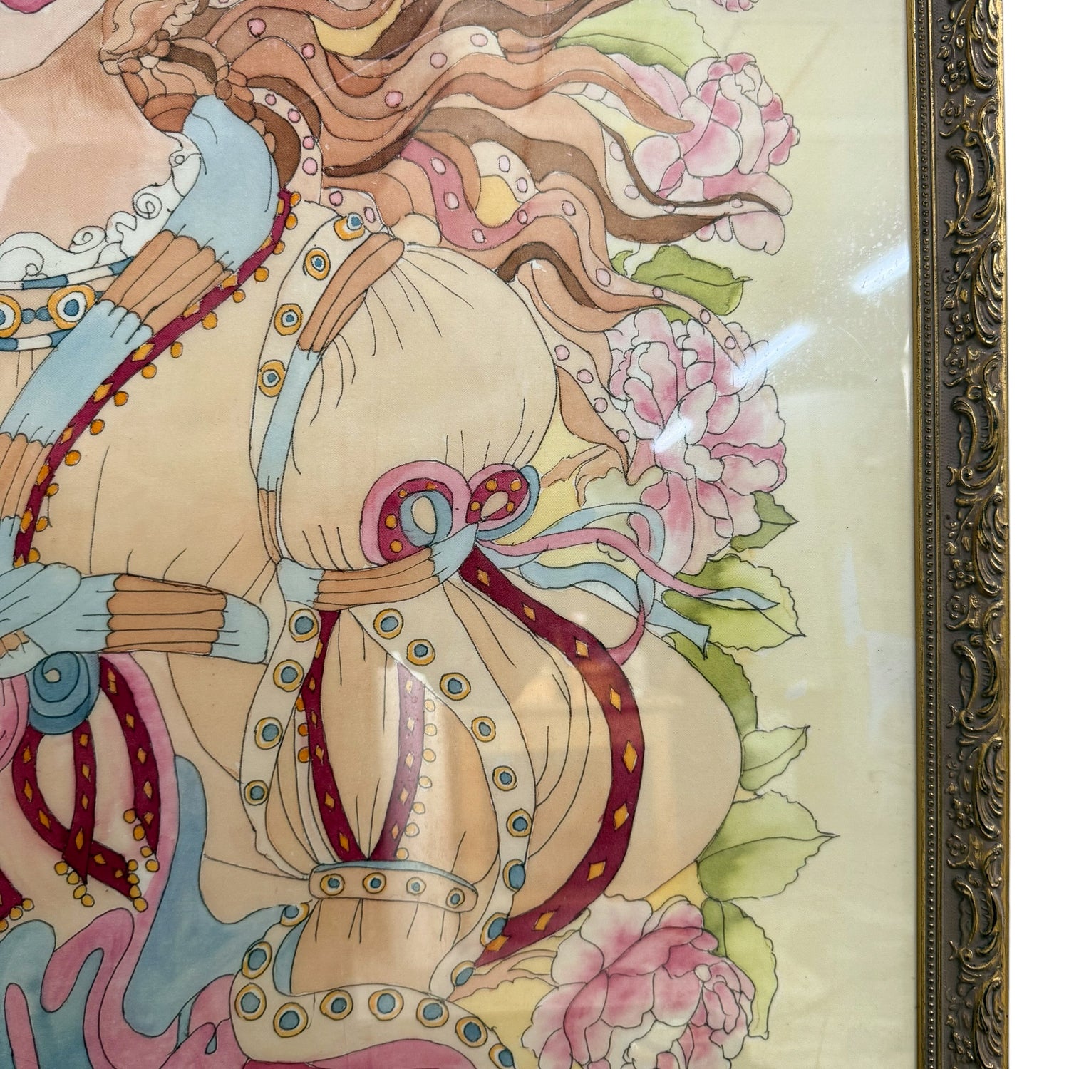 Zijden schilderij in art-nouveaustijl van een vrouw met bloemen
