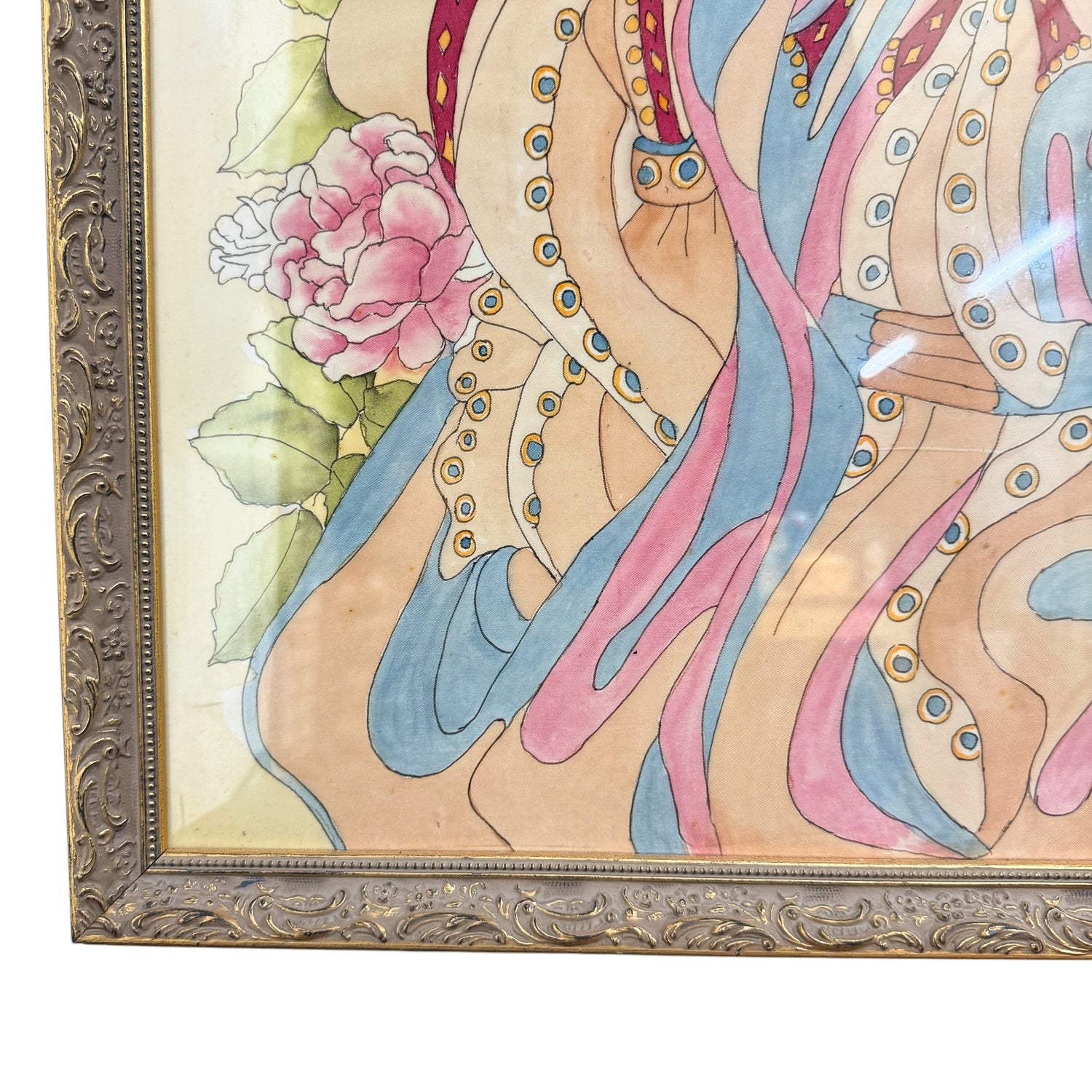 Zijden schilderij in art-nouveaustijl van een vrouw met bloemen