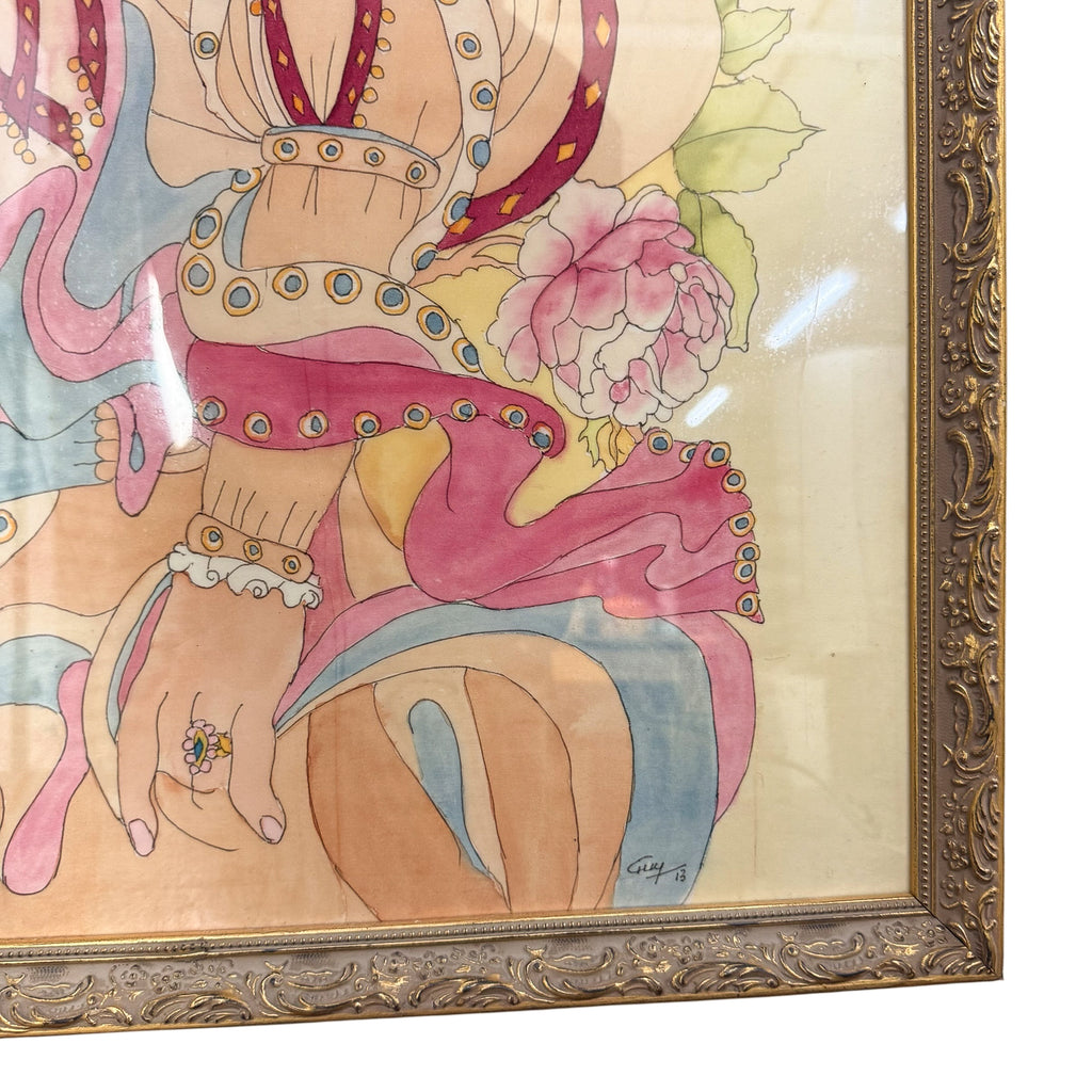 Zijden schilderij in art-nouveaustijl van een vrouw met bloemen