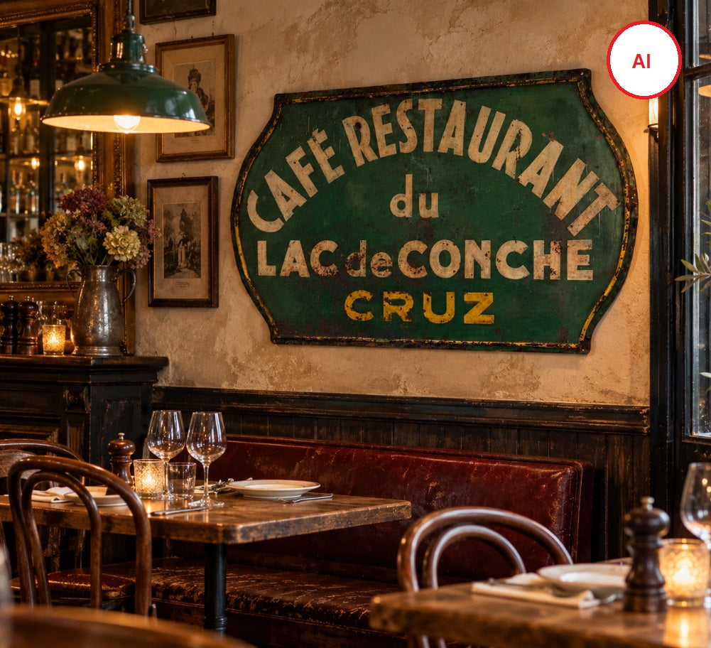 Vintage French Café Restaurant du Lac de Conche Cruz Metal Sign