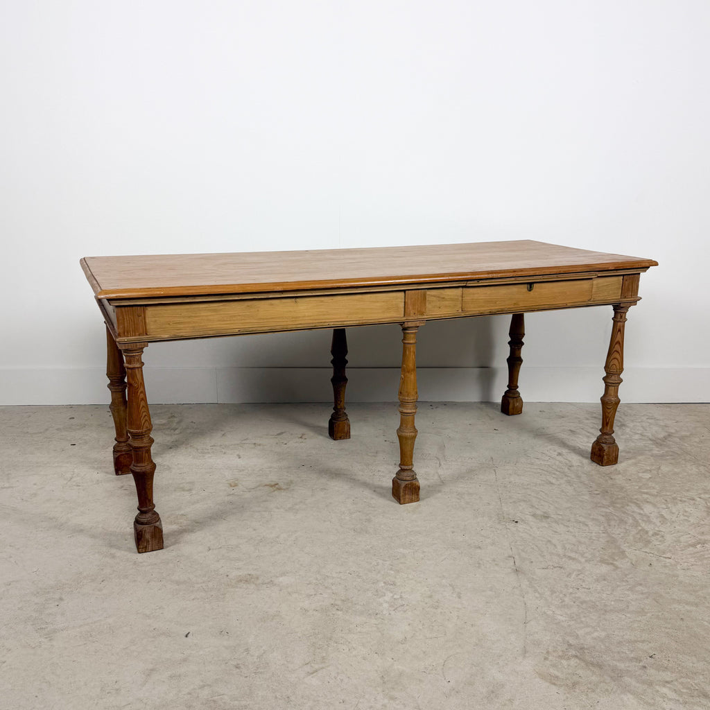 Antique Pine Table with Six Turned Legs and Drawer