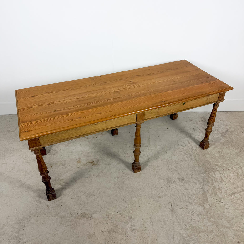 Antique Pine Table with Six Turned Legs and Drawer