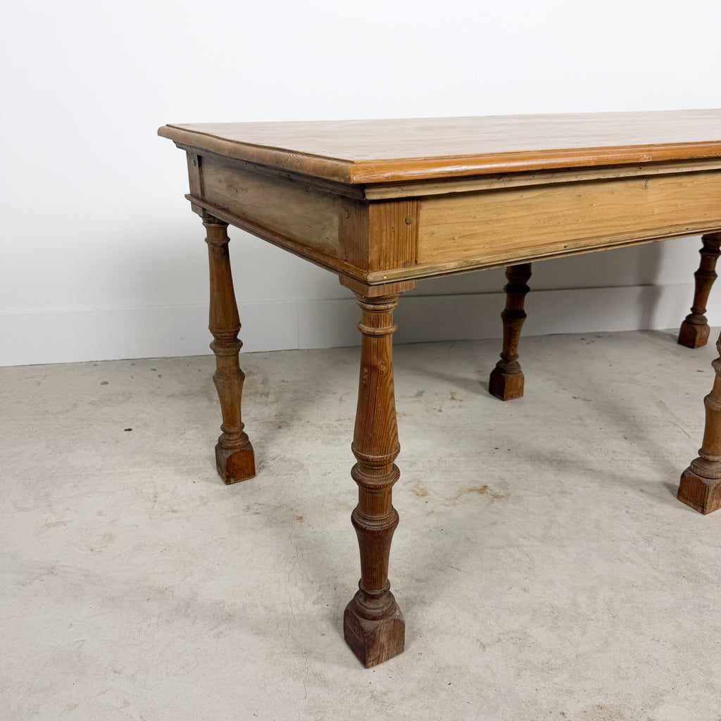 Antique Pine Table with Six Turned Legs and Drawer