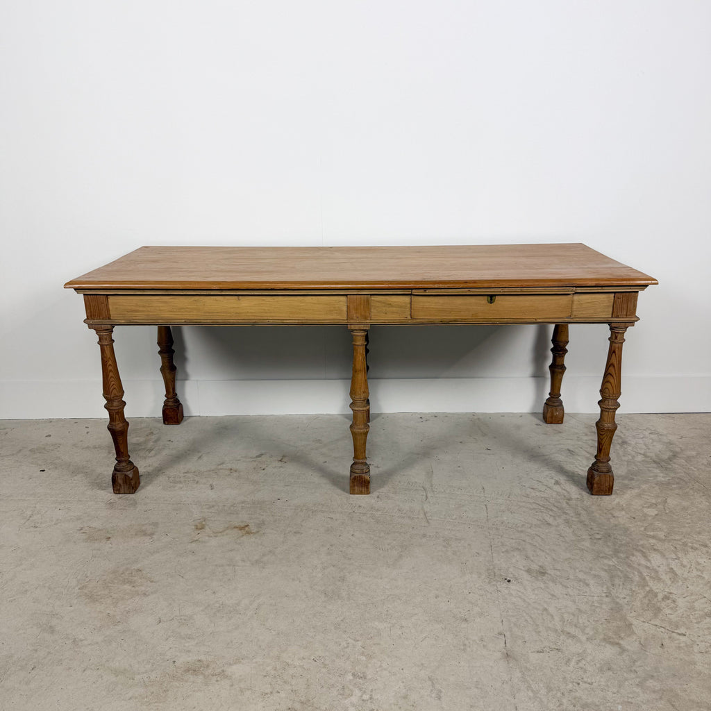 Antique Pine Table with Six Turned Legs and Drawer