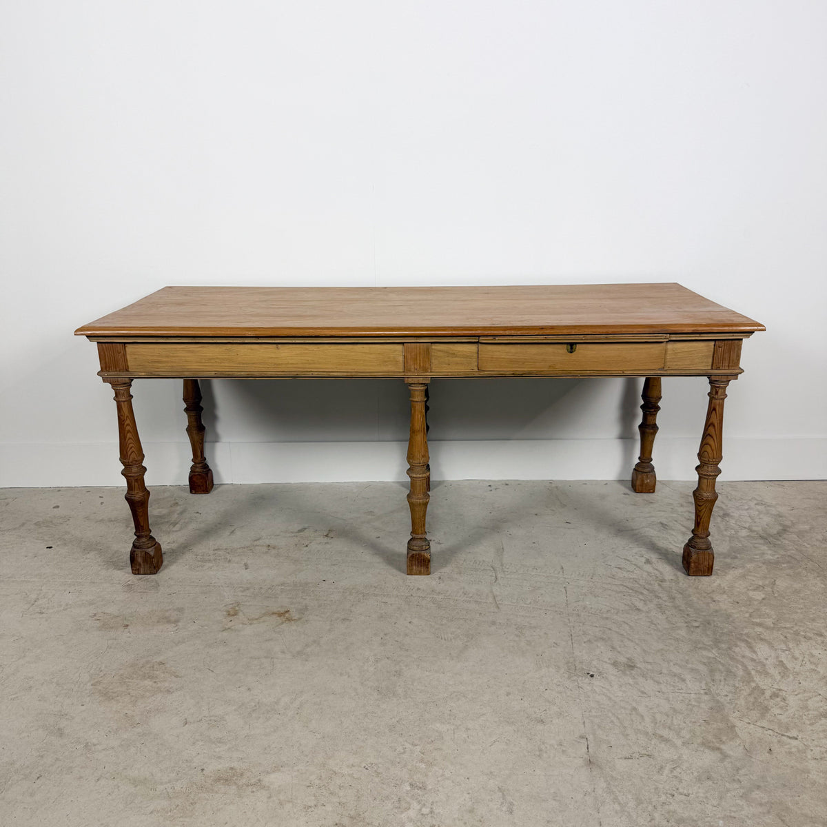 Antique Pine Table with Six Turned Legs and Drawer