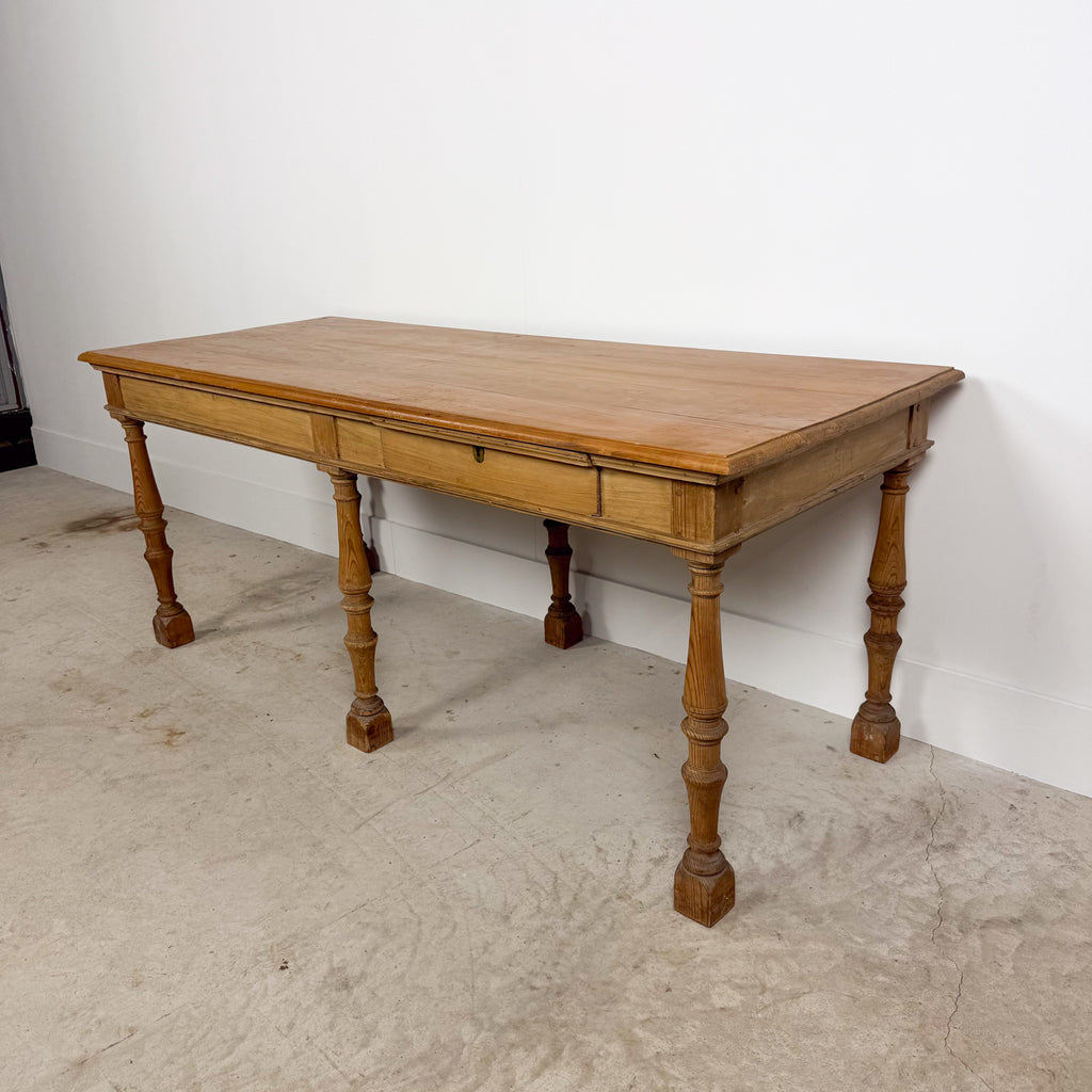 Antique Pine Table with Six Turned Legs and Drawer